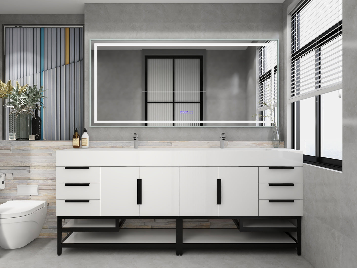 Bethany 84" Freestanding Bathroom Vanity with Reinforced Acrylic Double Sink in Gloss White with Black Handles | Better Vanity Bath Vanities