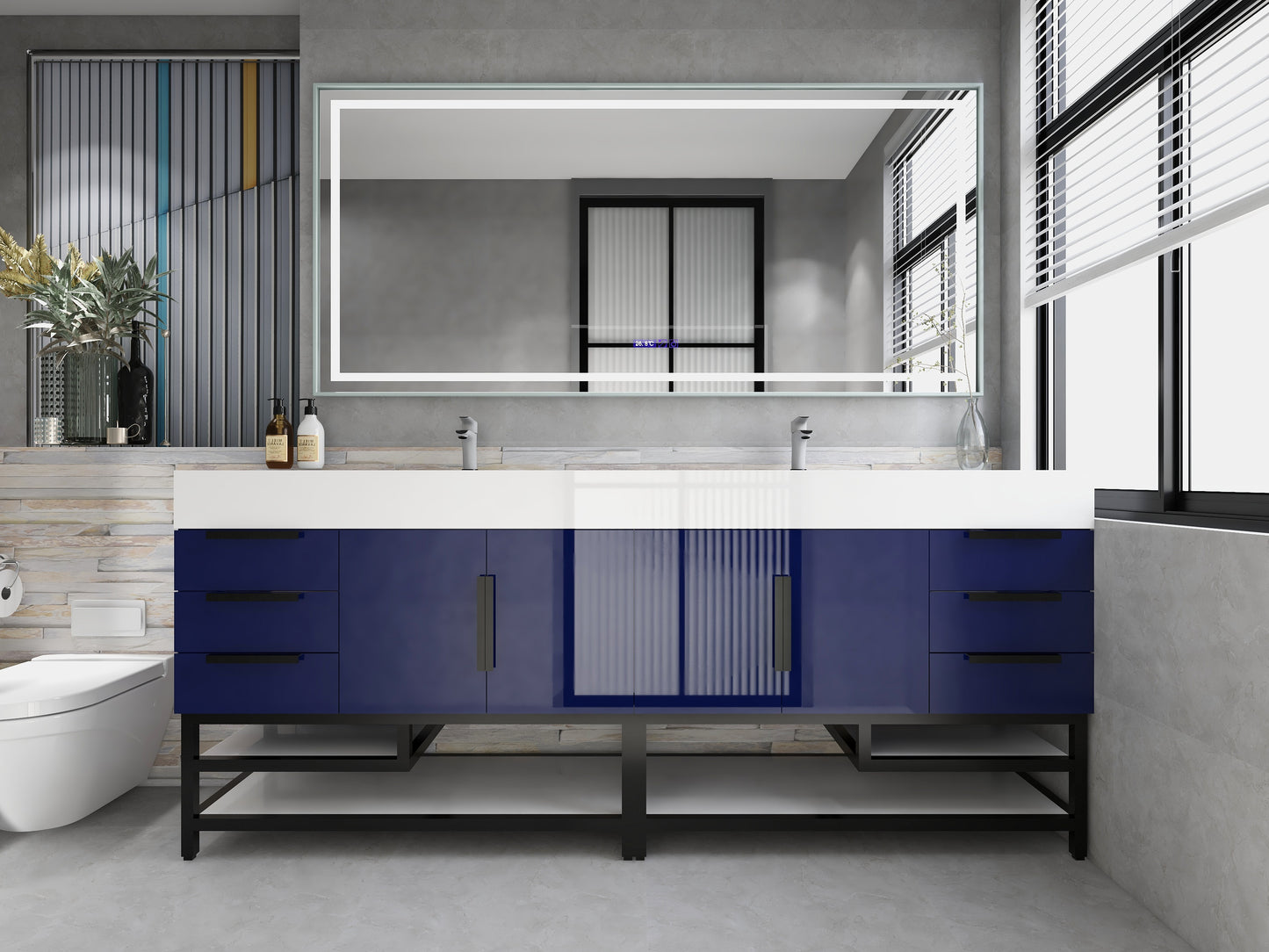 Bethany 84" Freestanding Bathroom Vanity with Reinforced Acrylic Double Sink in Night Blue Gloss with Black Handles | Better Vanity Bath Vanities