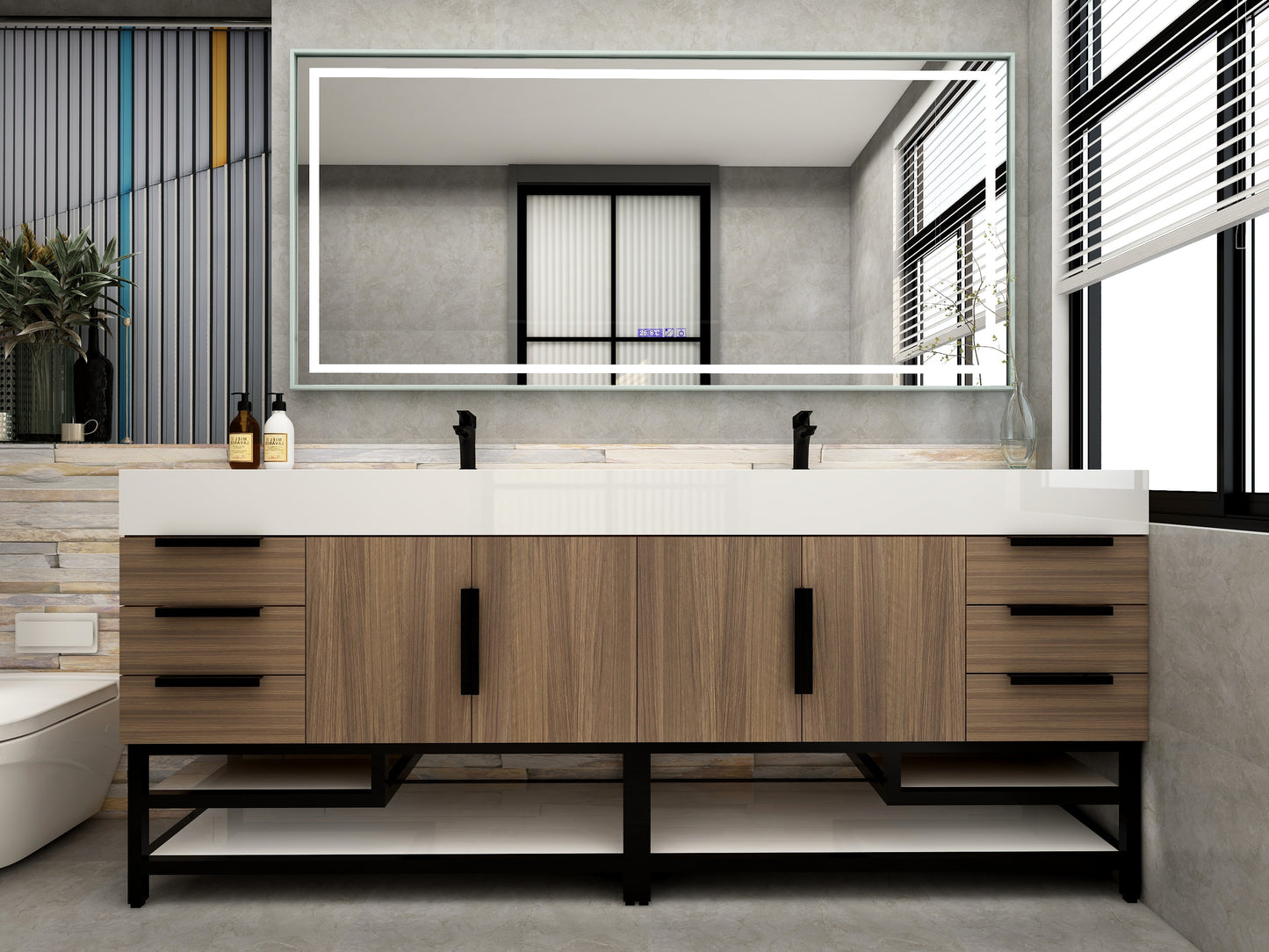 Bethany 84" Freestanding Bathroom Vanity with Reinforced Acrylic Double Sink in Rosewood with Black Handles | Better Vanity Bath Vanities