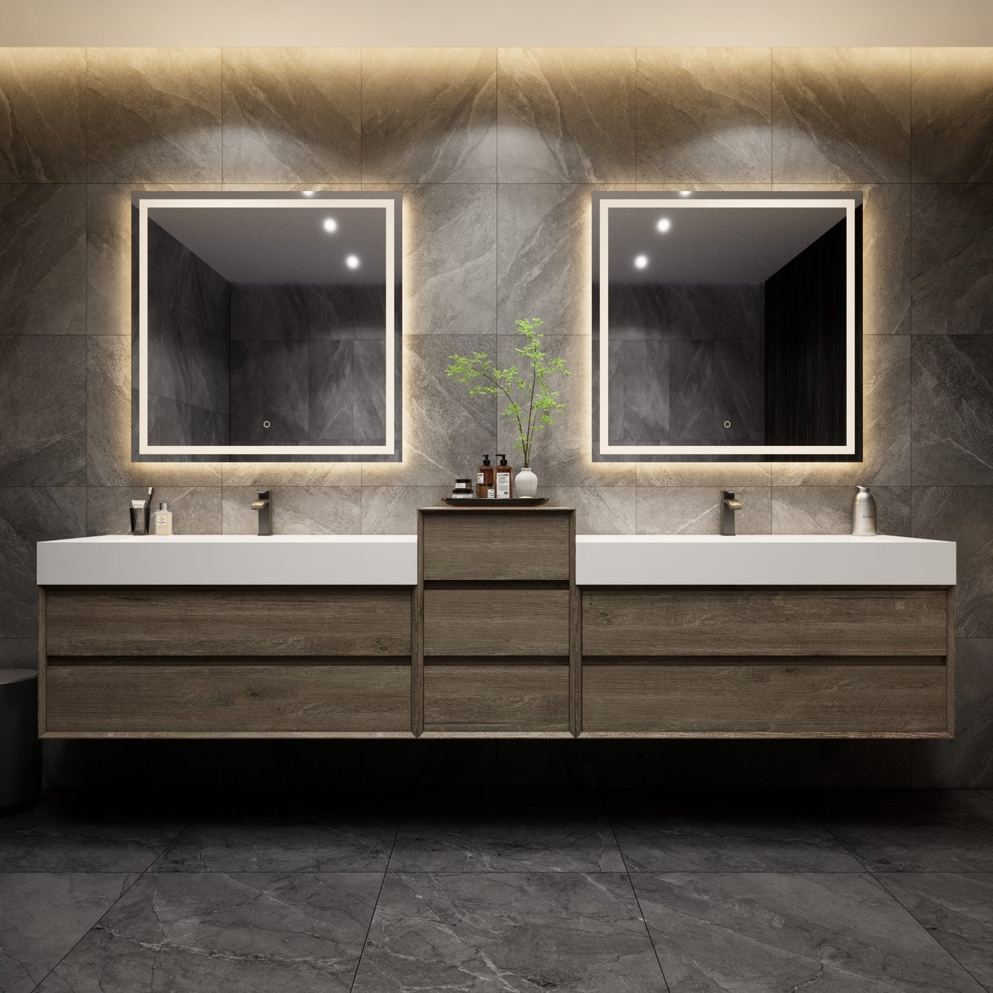 Max 104" Gray Oak Floating Bathroom Vanity with Double Acrylic FLX Sink | Better Vanity