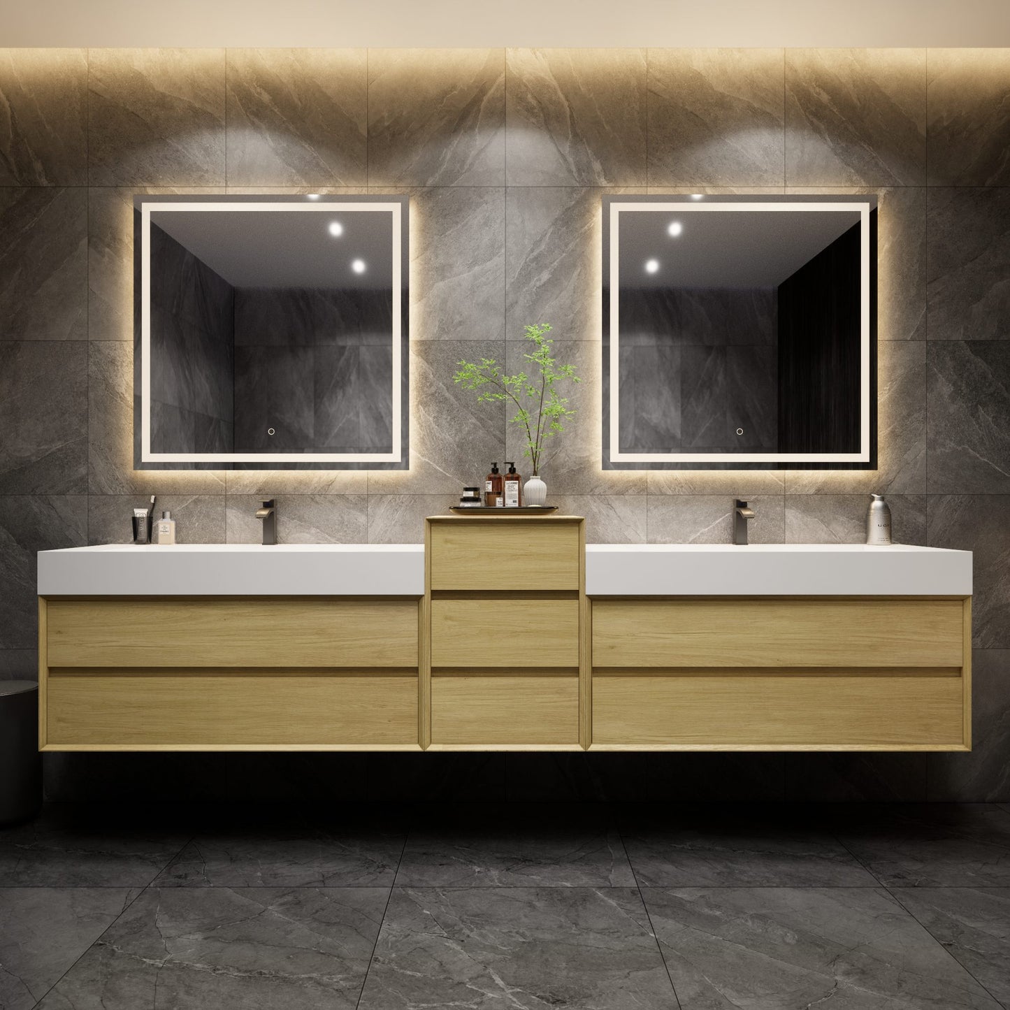 Max 116" Teak Oak Floating Wall-Mounted Bathroom Vanity with Double Acrylic FLX Sink | Better Vanity Modern Minimal Luxury Bathroom Vanities | Los Angeles, CA USA