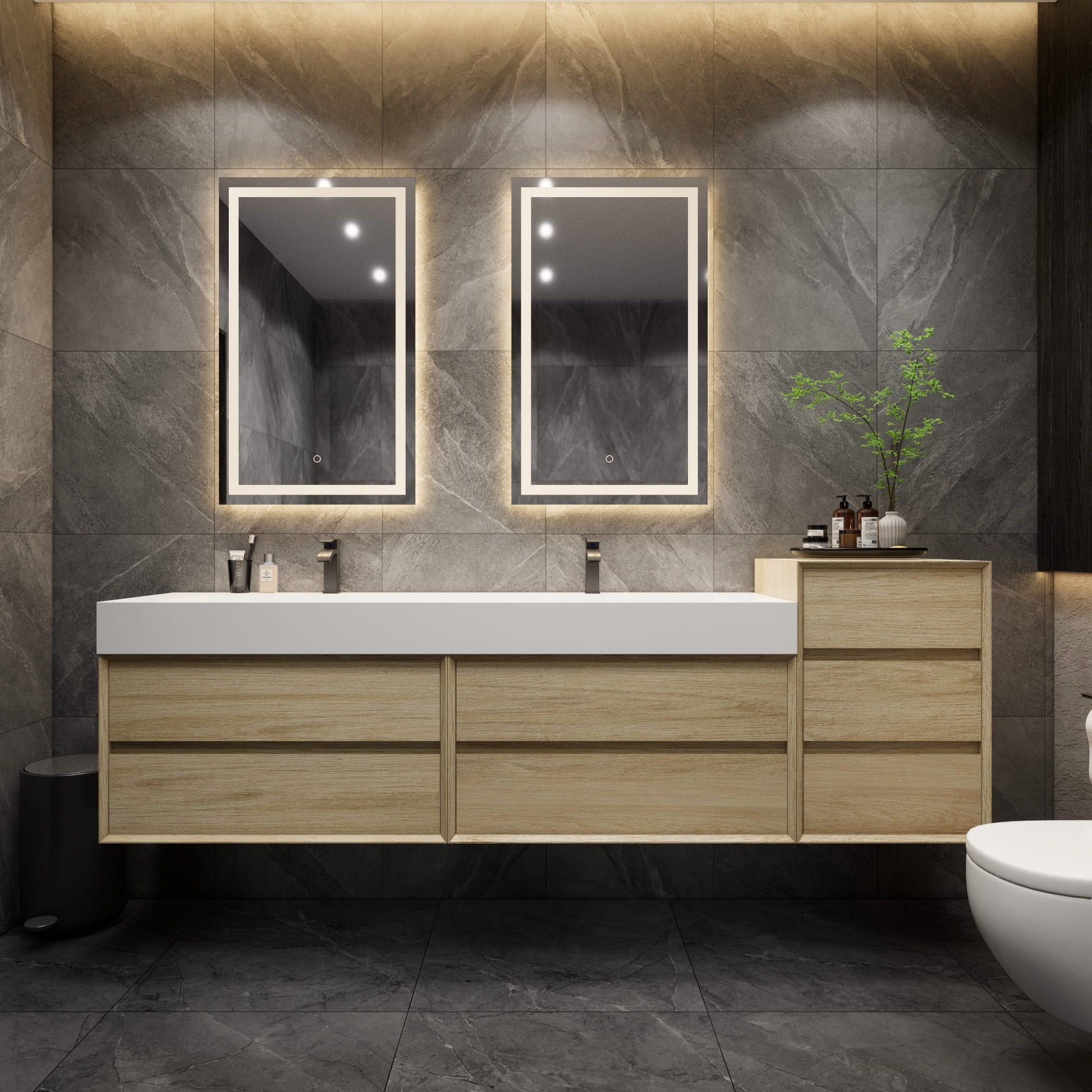 Max 92" Large Modern Minimal Bathroom Vanity with Double FLX Acrylic Sink + Side Cabinet in Coffee Wood | Better Vanity
