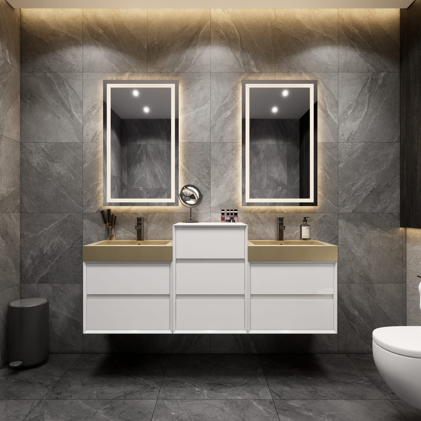 Max 68" Gloss White Floating Wall-Mounted Bathroom Vanity Sink & Medicine Cabinet with Max Gold Stainless Steel Double Sink | Better Vanity Modern Minimal Luxury Bathroom Vanities | Los Angeles, CA USA