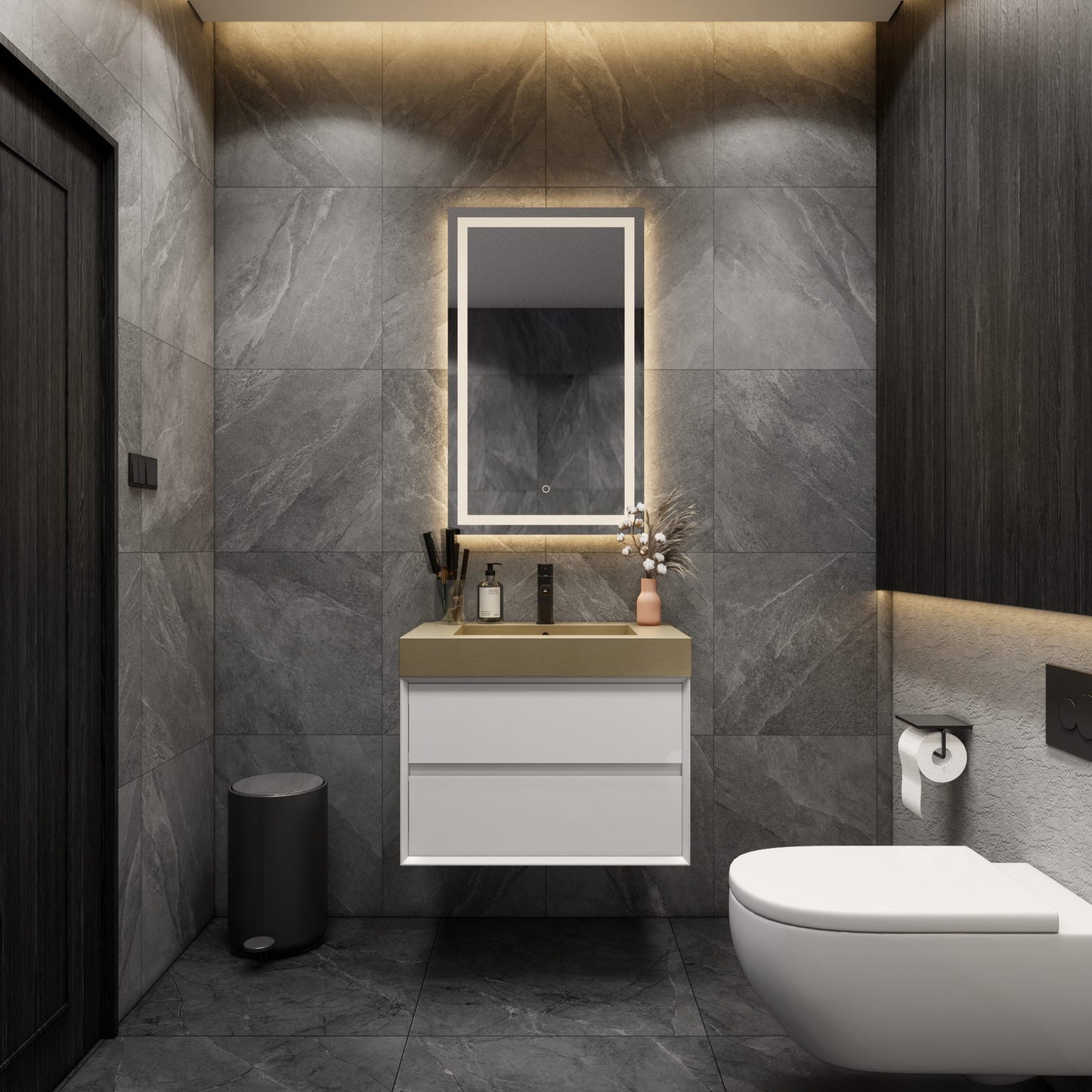 Max 30" Gloss White Floating Wall-Mounted Bathroom Vanity Sink & Medicine Cabinet with Max Gold Stainless Steel Sink | Better Vanity Modern Minimal Luxury Bathroom Vanities | Los Angeles, CA USA