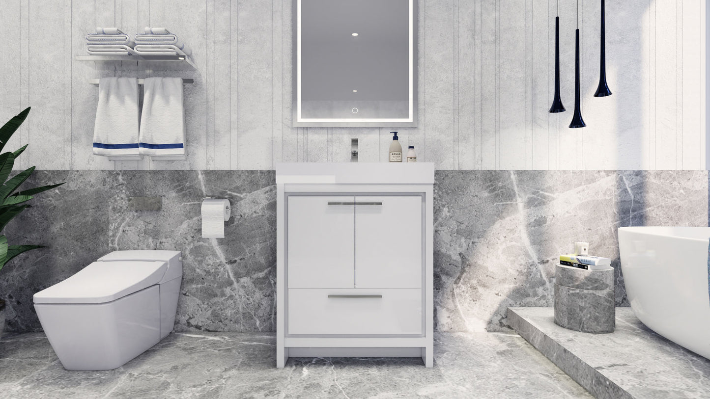 Azure 30" High Gloss White Freestanding Vanity with Reinforced Acrylic Sink
