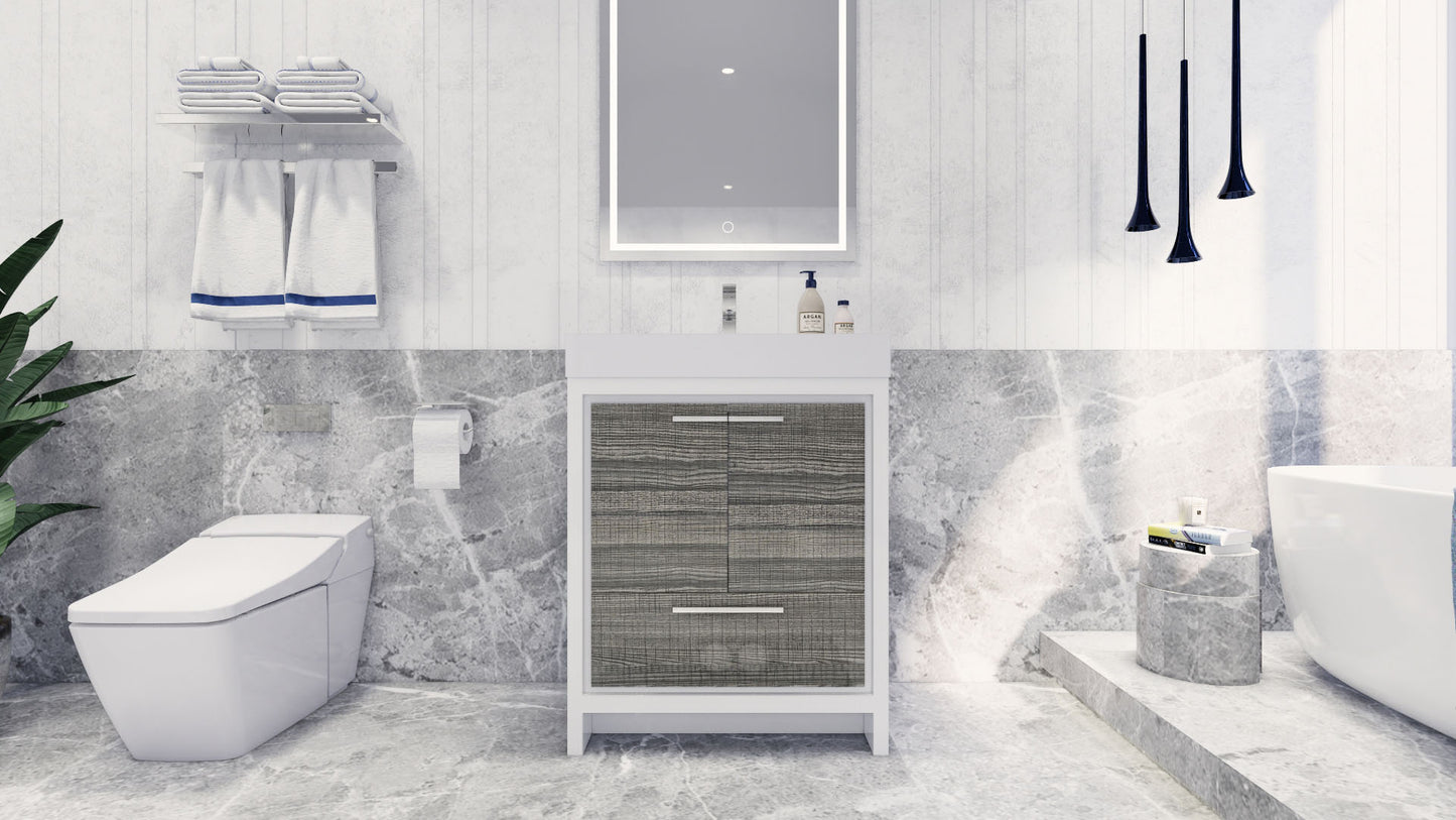 Azure 30" High Gloss Ash Gray Freestanding Vanity with Reinforced Acrylic Sink