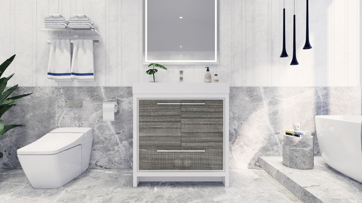 Azure 36" High Gloss Ash Gray Freestanding Vanity with Reinforced Acrylic Sink