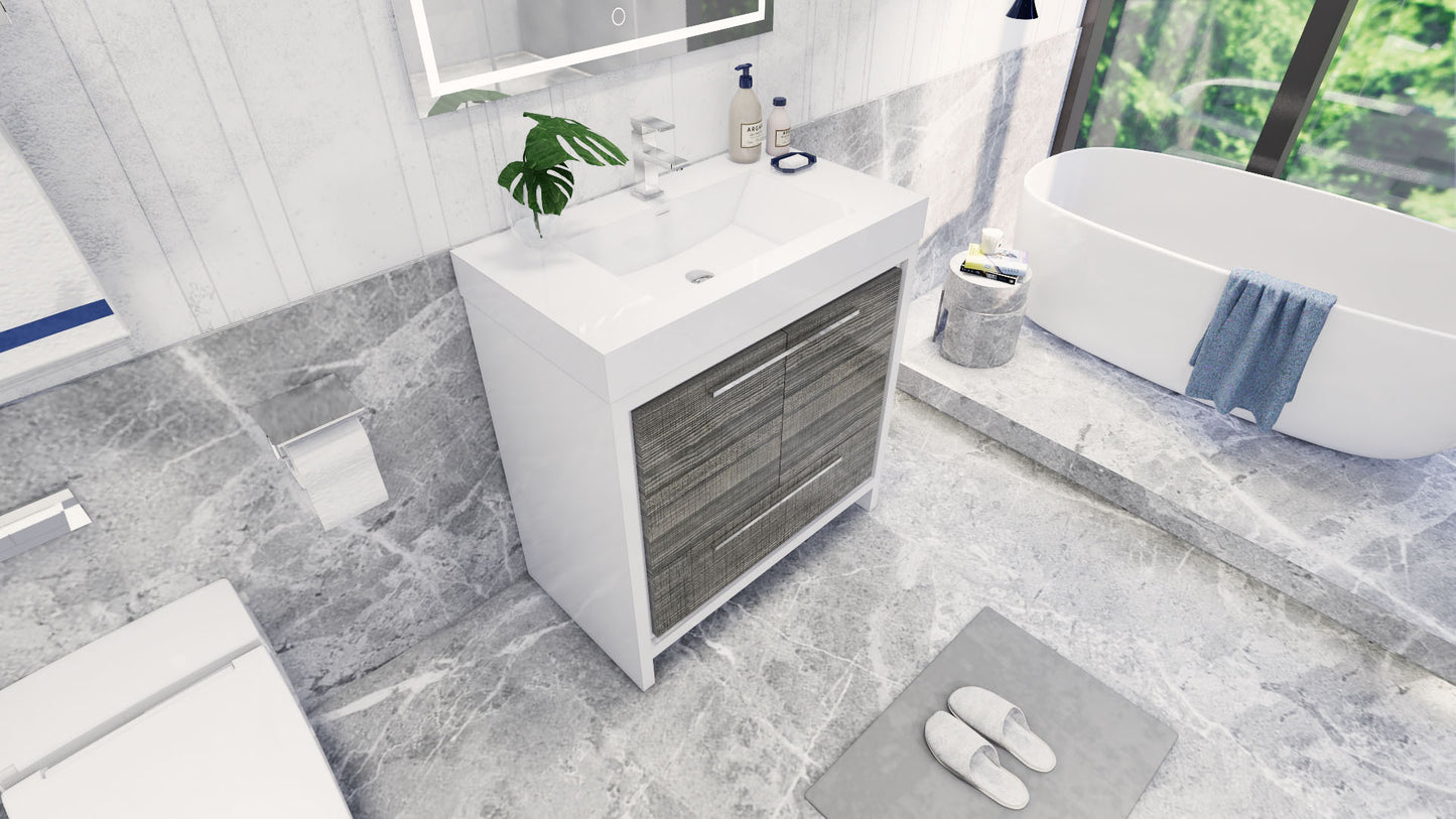 Azure 36" High Gloss Ash Gray Freestanding Vanity with Reinforced Acrylic Sink