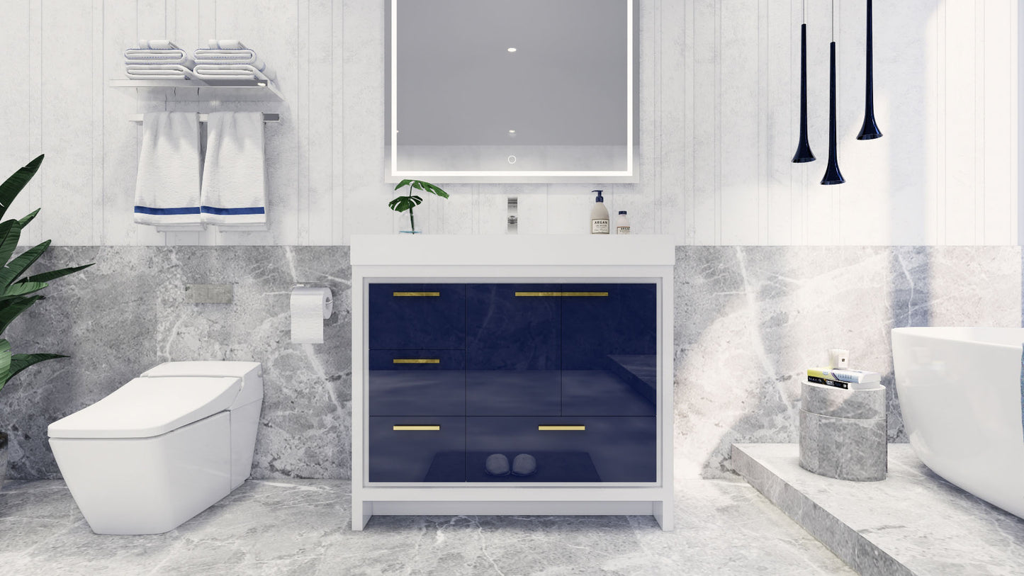 Azure 42" High Gloss Night Blue Freestanding Vanity with Reinforced Acrylic Sink (Left Side Drawers)