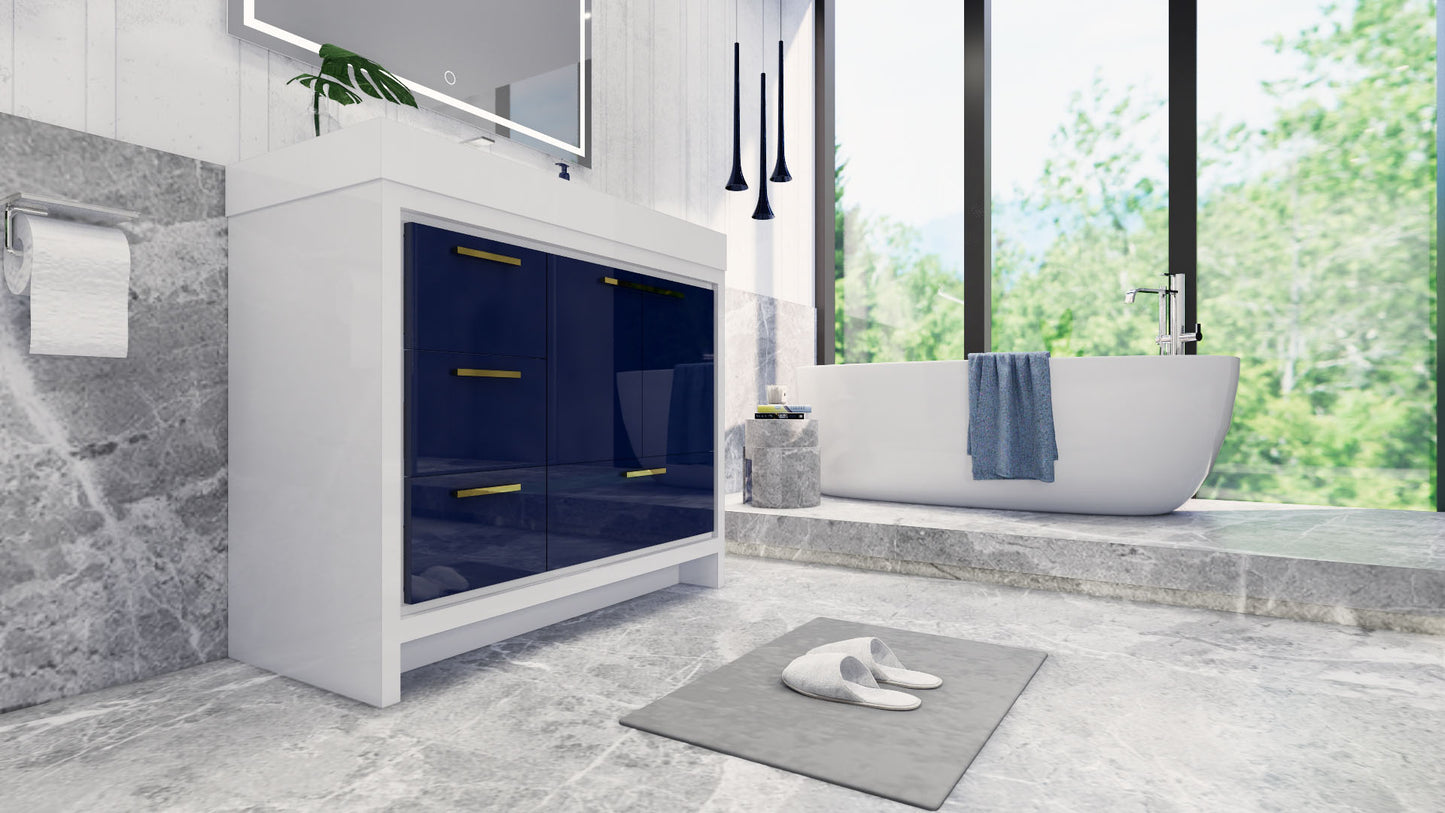 Azure 42" High Gloss Night Blue Freestanding Vanity with Reinforced Acrylic Sink (Left Side Drawers)