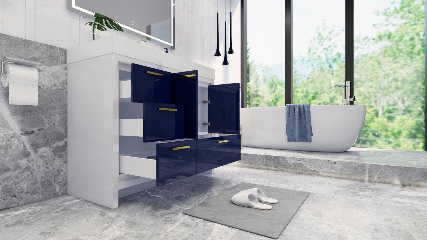 Azure 42" High Gloss Night Blue Freestanding Vanity with Reinforced Acrylic Sink (Left Side Drawers)
