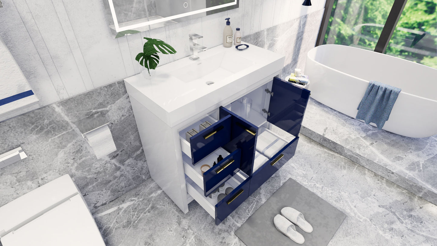 Azure 42" High Gloss Night Blue Freestanding Vanity with Reinforced Acrylic Sink (Left Side Drawers)