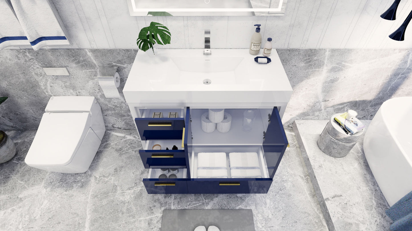 Azure 42" High Gloss Night Blue Freestanding Vanity with Reinforced Acrylic Sink (Left Side Drawers)