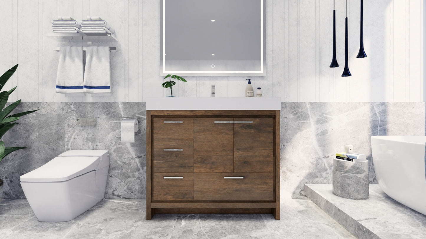 Azure 42" Rosewood Freestanding Vanity with Reinforced Acrylic Sink (Left Side Drawers)