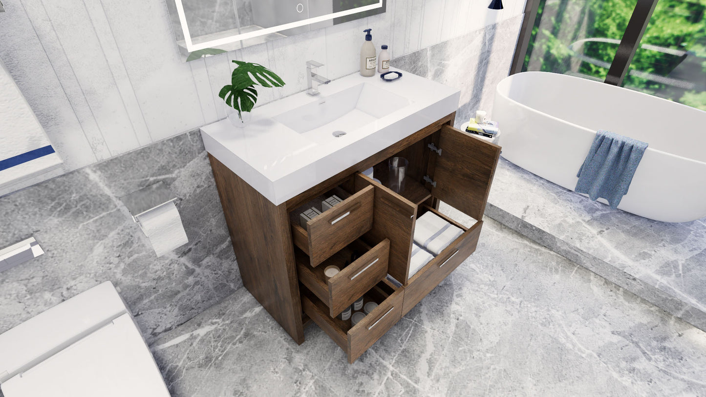 Azure 42" Rosewood Freestanding Vanity with Reinforced Acrylic Sink (Left Side Drawers)
