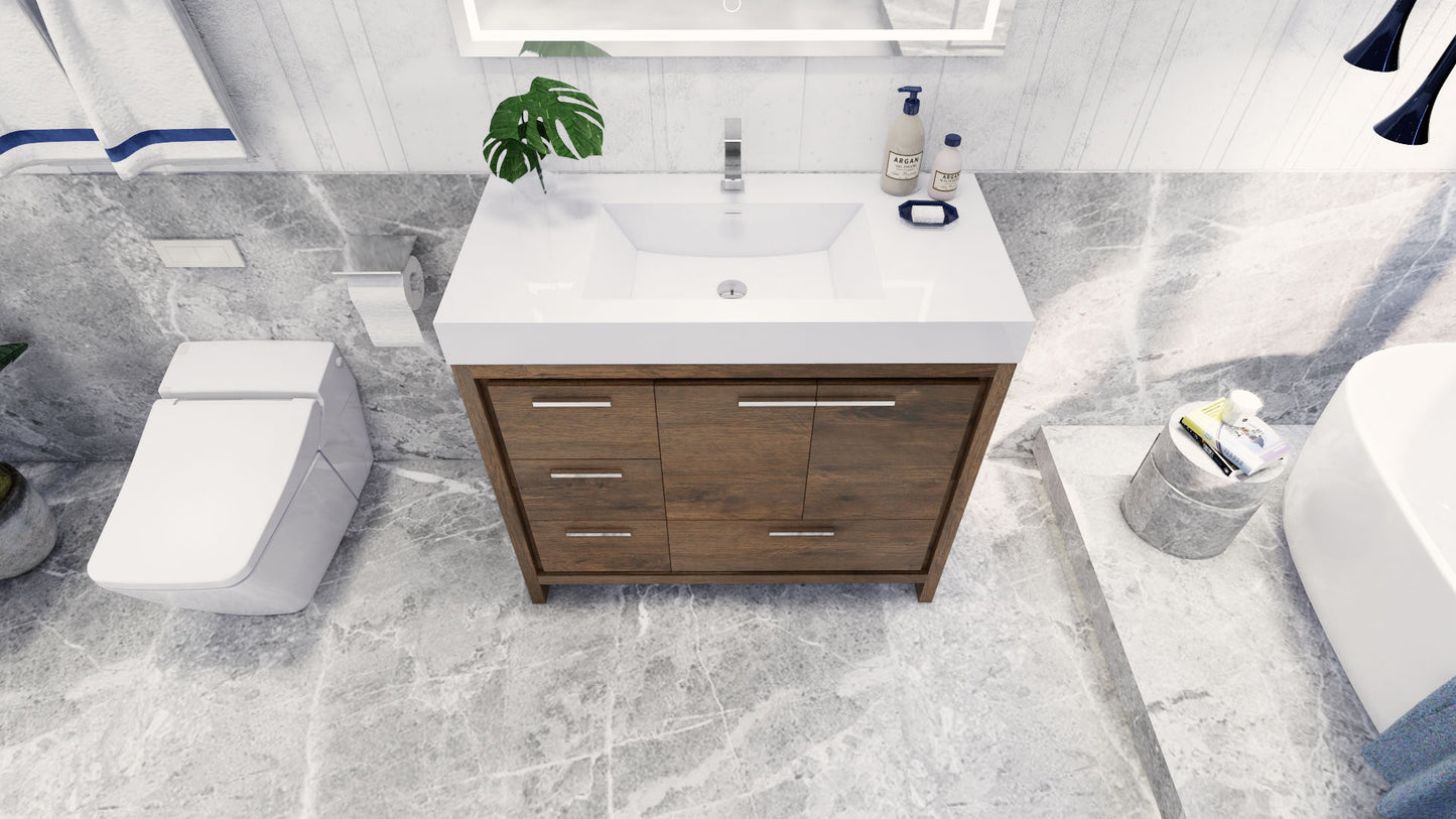 Azure 42" Rosewood Freestanding Vanity with Reinforced Acrylic Sink (Left Side Drawers)