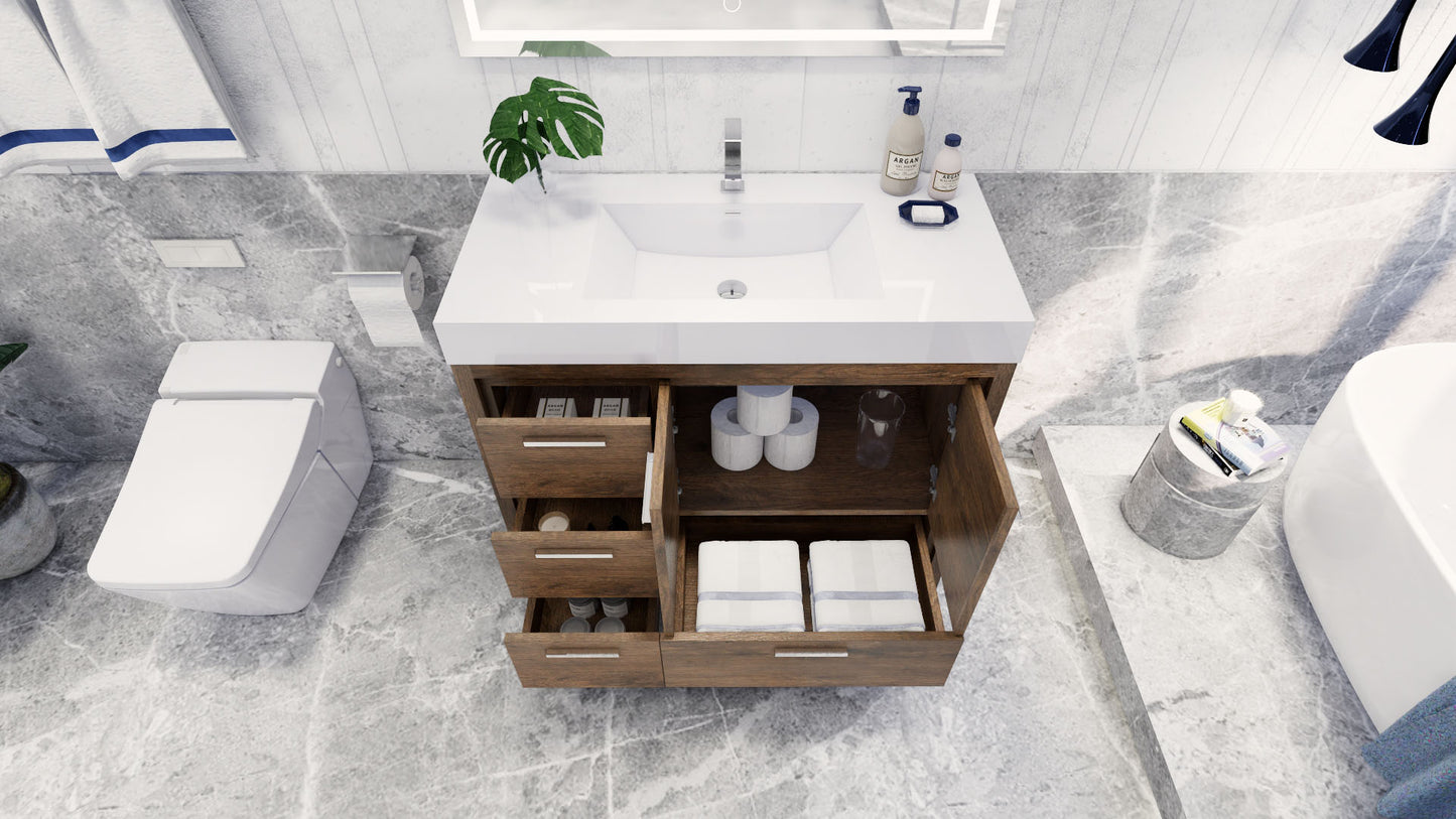 Azure 42" Rosewood Freestanding Vanity with Reinforced Acrylic Sink (Left Side Drawers)