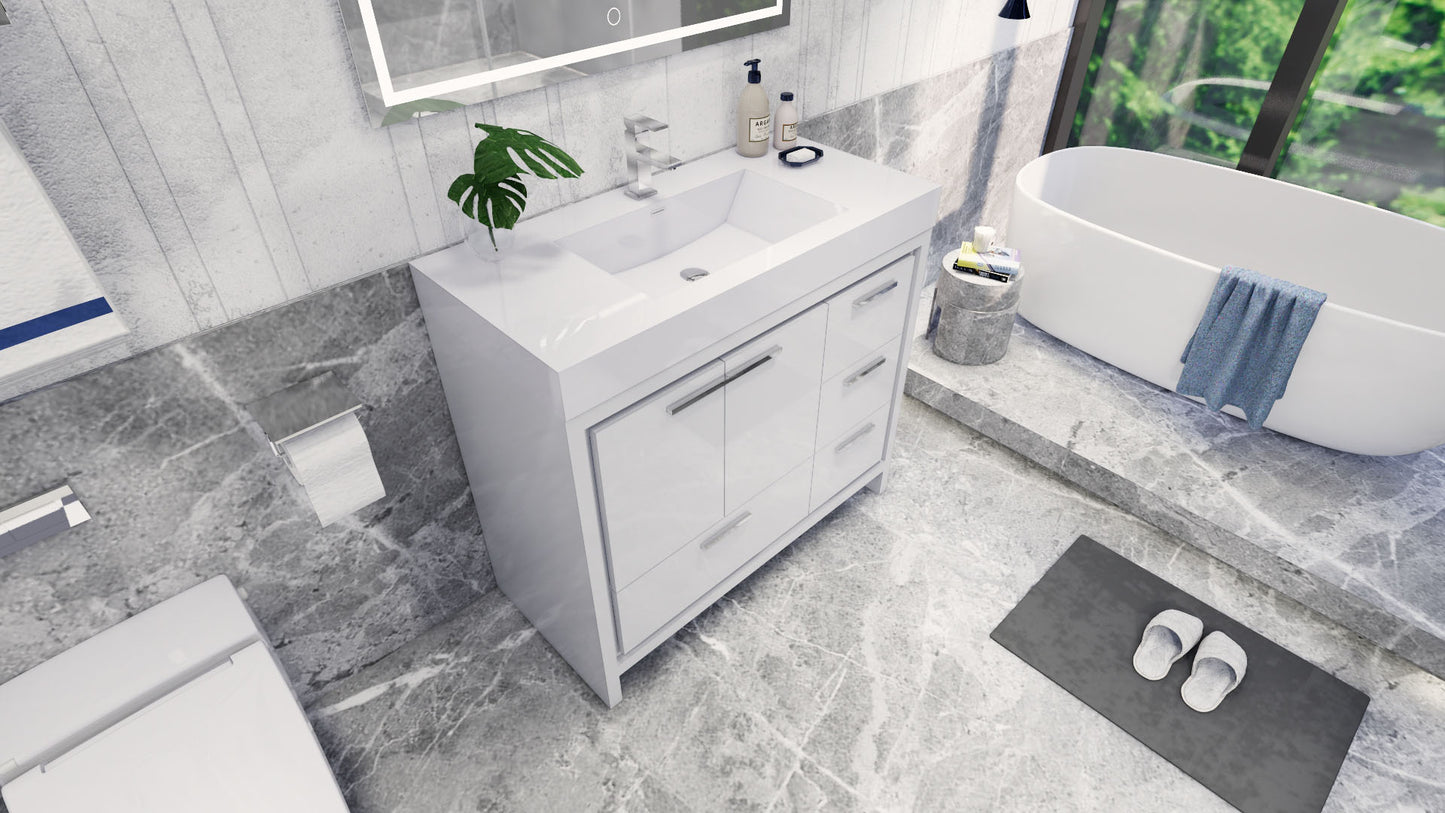 Azure 42" High Gloss White Freestanding Vanity with Reinforced Acrylic Sink (Right Side Drawers)