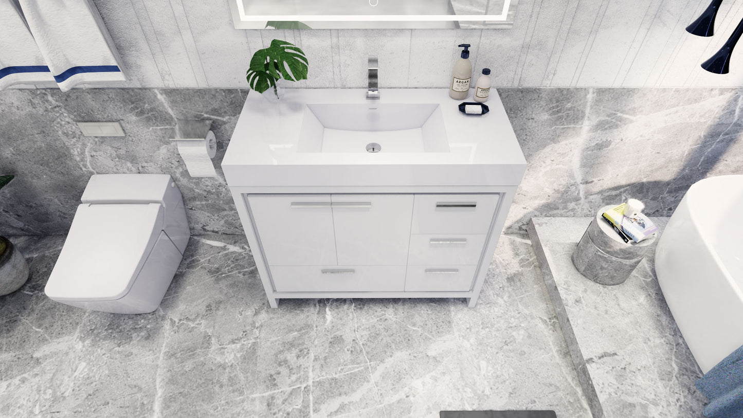 Azure 42" High Gloss White Freestanding Vanity with Reinforced Acrylic Sink (Right Side Drawers)