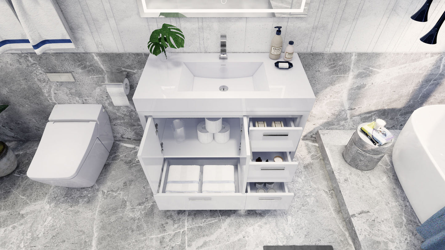 Azure 42" High Gloss White Freestanding Vanity with Reinforced Acrylic Sink (Right Side Drawers)