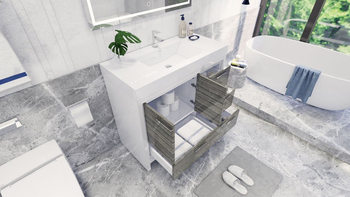 Azure 42" High Gloss Ash Gray Freestanding Vanity with Reinforced Acrylic Sink (Right Side Drawers)