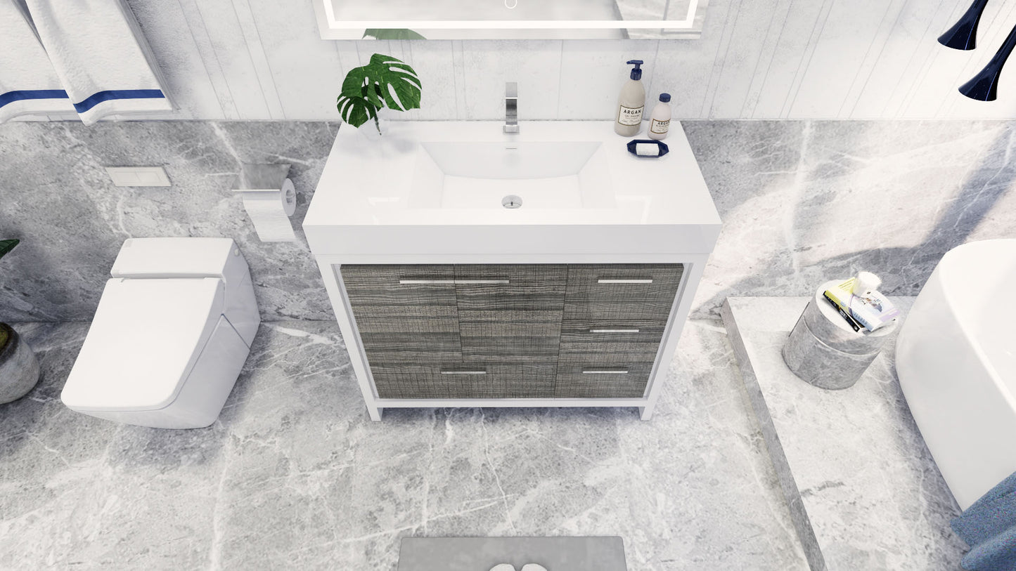 Azure 42" High Gloss Ash Gray Freestanding Vanity with Reinforced Acrylic Sink (Right Side Drawers)