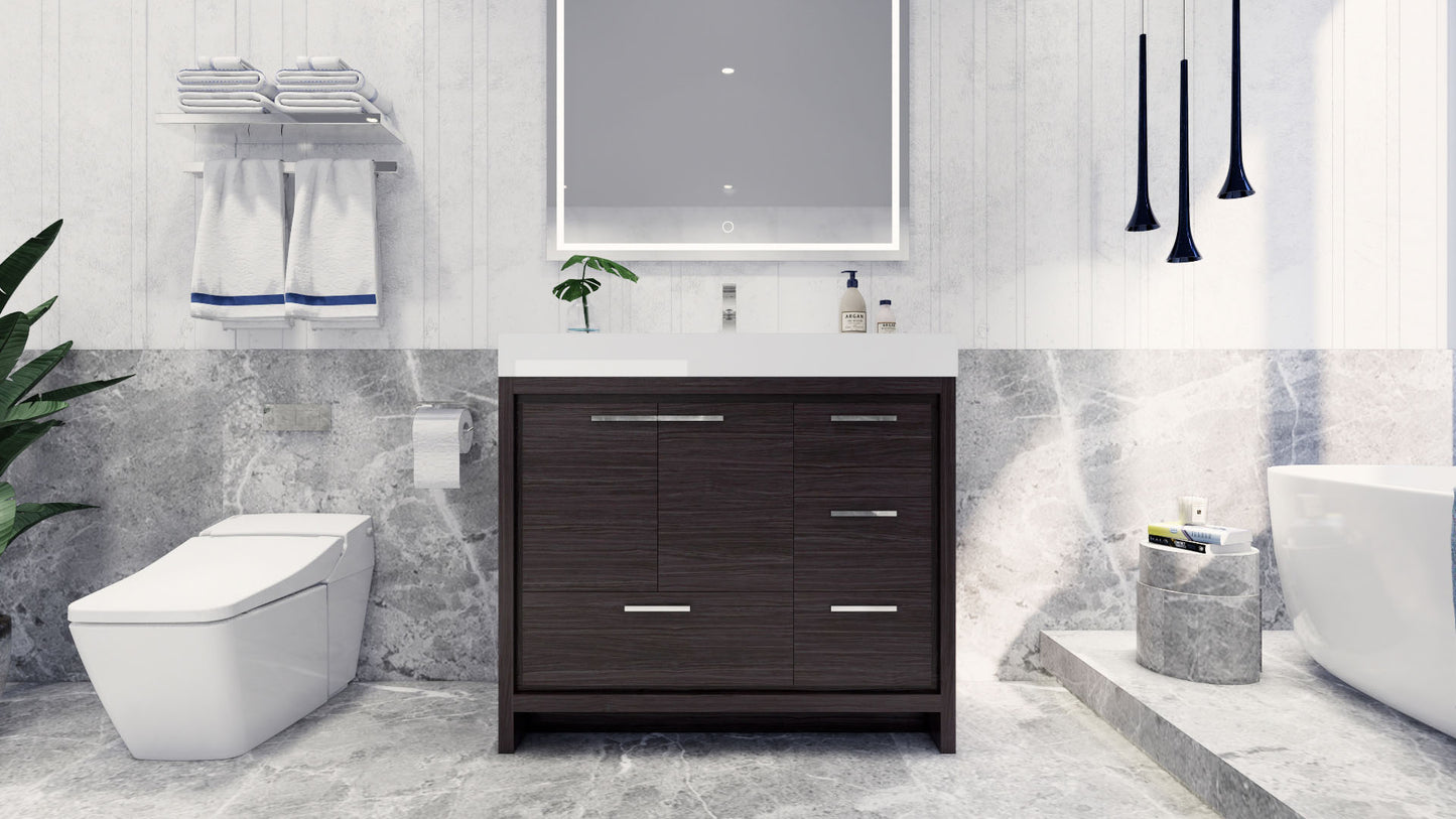 Azure 42" Dark Gray Oak Freestanding Vanity with Reinforced Acrylic Sink (Right Side Drawers)
