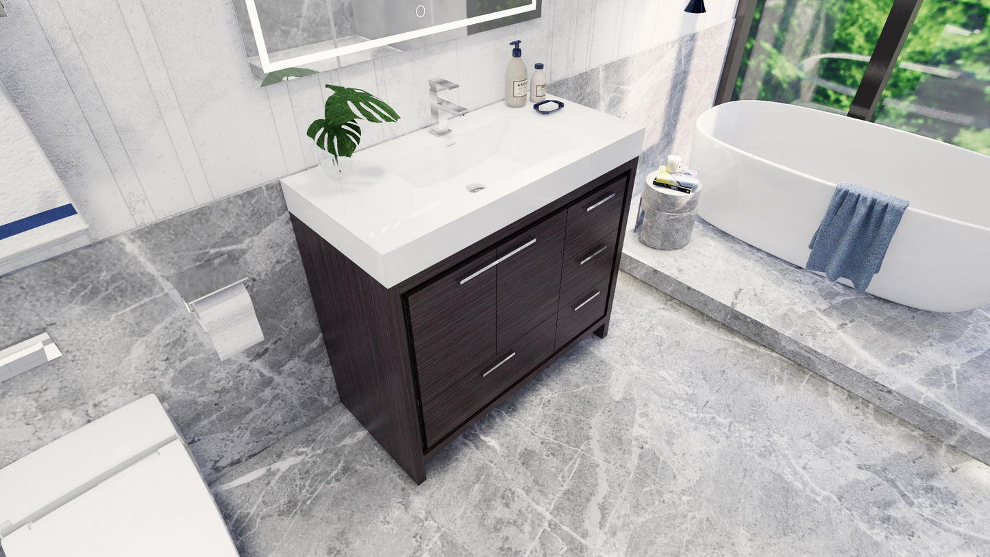 Azure 42" Dark Gray Oak Freestanding Vanity with Reinforced Acrylic Sink (Right Side Drawers)