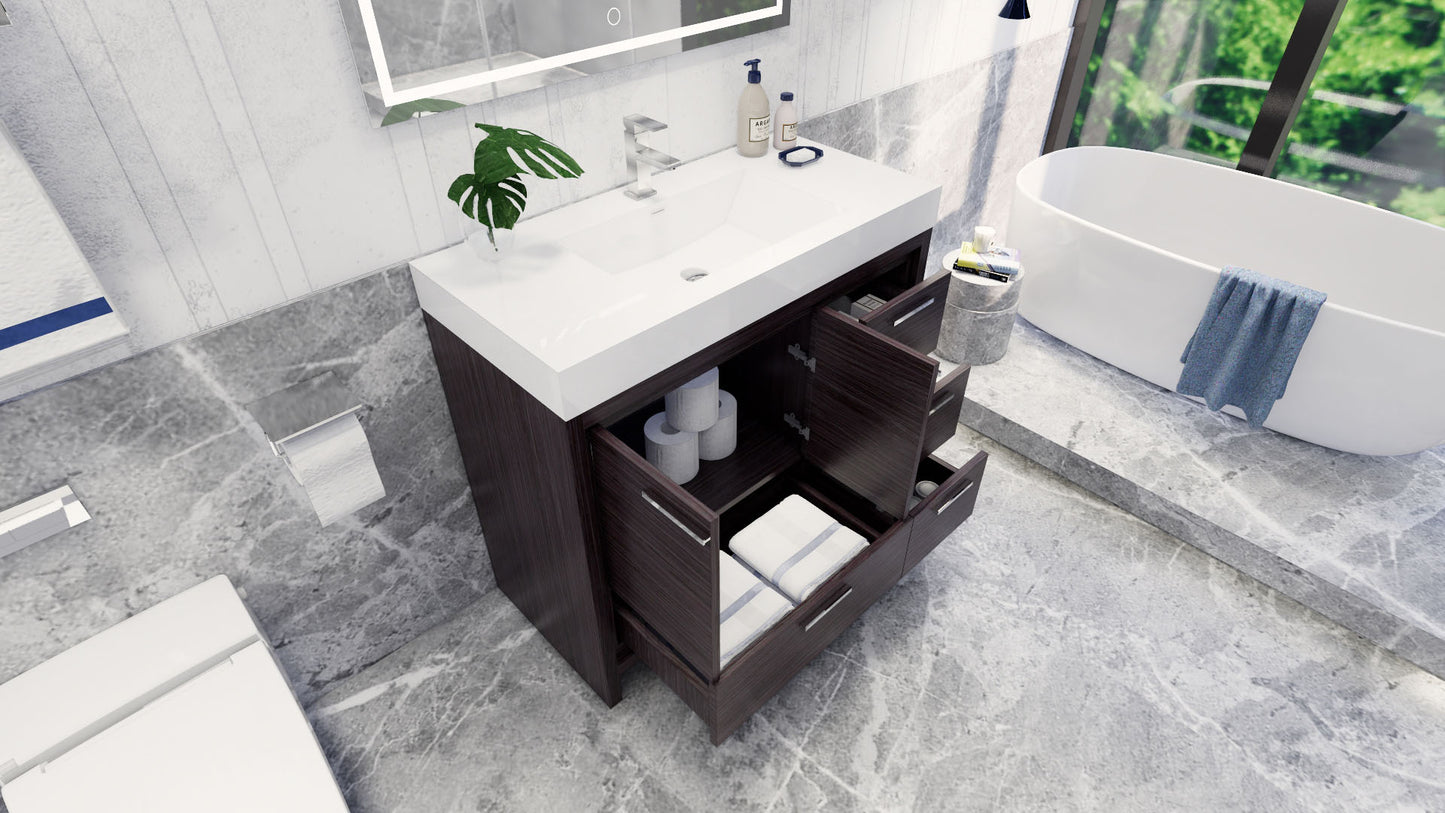 Azure 42" Dark Gray Oak Freestanding Vanity with Reinforced Acrylic Sink (Right Side Drawers)