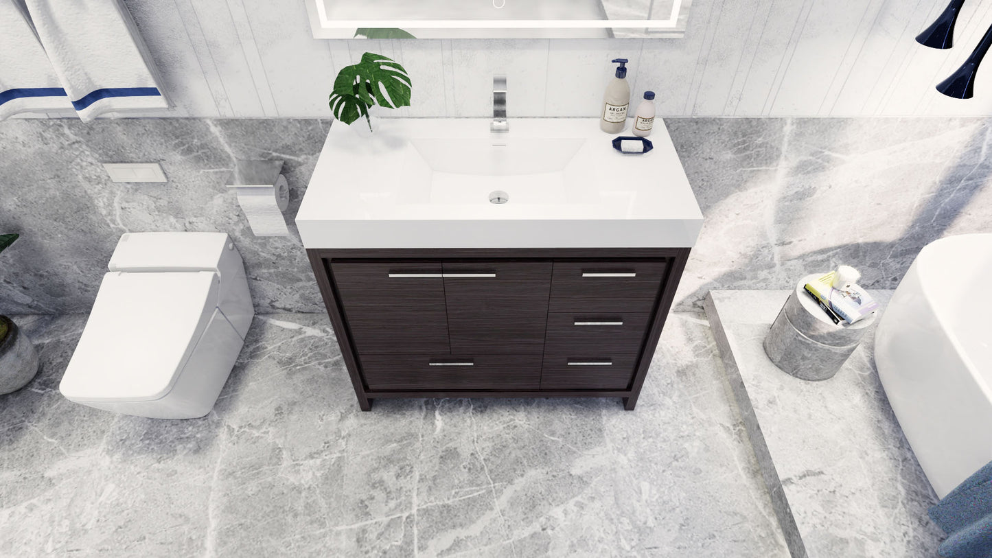 Azure 42" Dark Gray Oak Freestanding Vanity with Reinforced Acrylic Sink (Right Side Drawers)