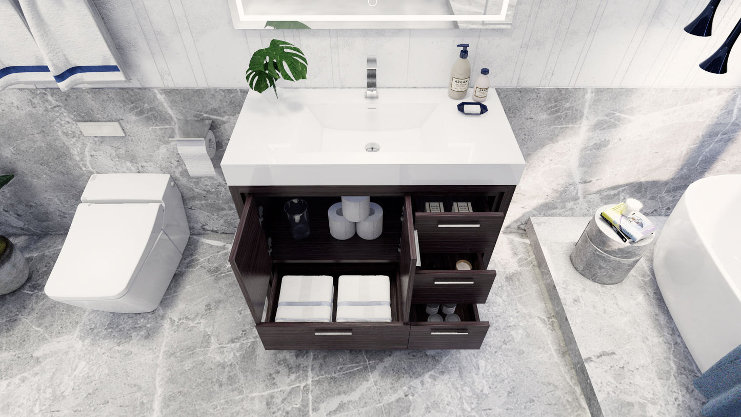 Azure 42" Dark Gray Oak Freestanding Vanity with Reinforced Acrylic Sink (Right Side Drawers)