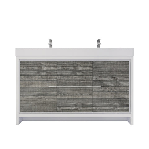 Azure 60" High Gloss Ash Gray Freestanding Vanity with Reinforced Acrylic Sinks