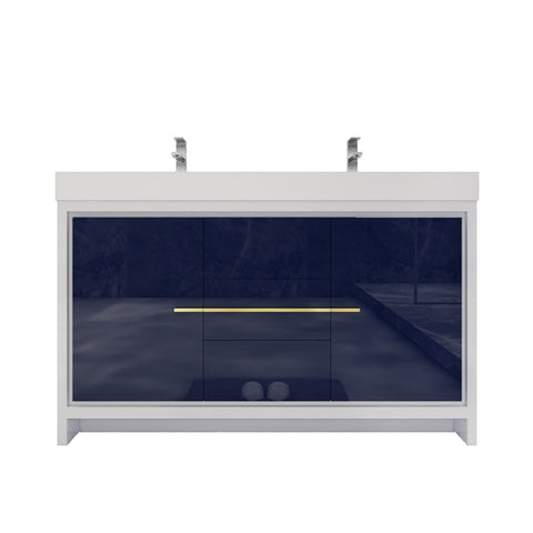 Azure 60" High Gloss Night Blue Freestanding Vanity with Reinforced Acrylic Sinks