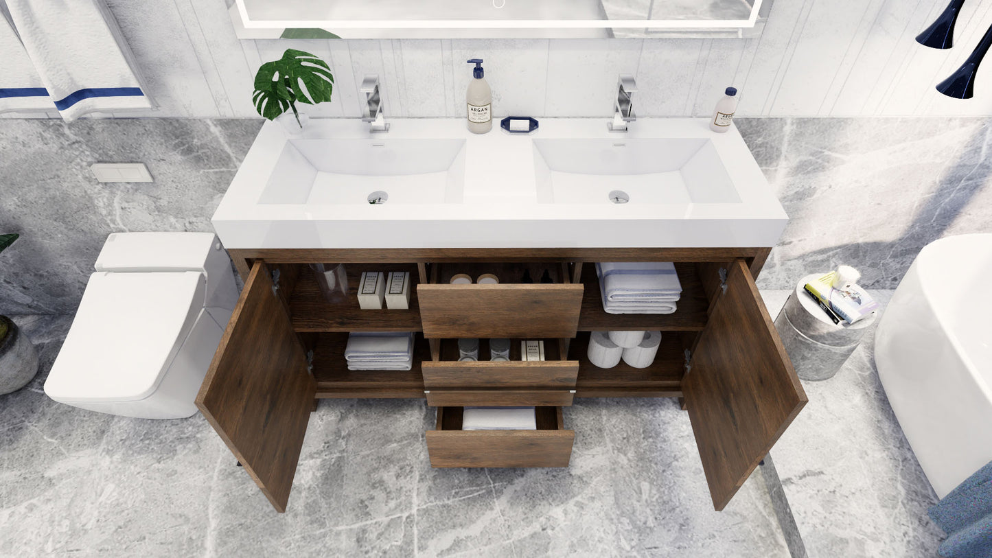 Azure 60" Rosewood Freestanding Vanity with Reinforced Acrylic Sinks