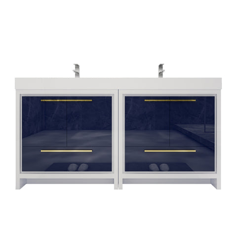 Azure 72" High Gloss Night Blue Freestanding Vanity with Reinforced Acrylic Sinks
