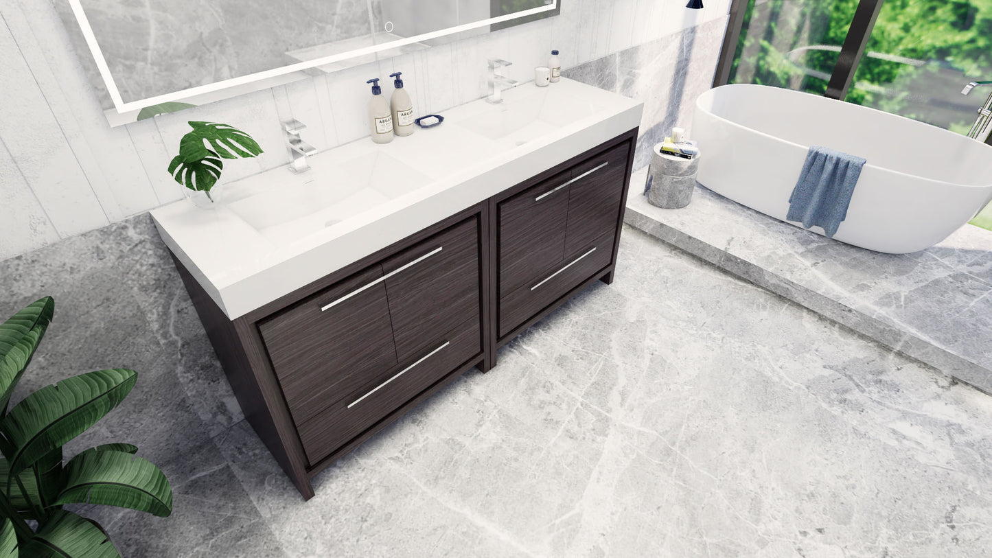 Azure 72" Dark Gray Oak Freestanding Vanity with Reinforced Acrylic Sinks