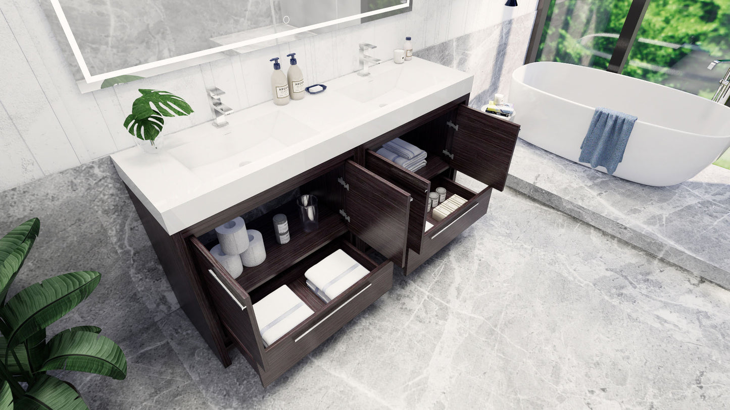 Azure 72" Dark Gray Oak Freestanding Vanity with Reinforced Acrylic Sinks