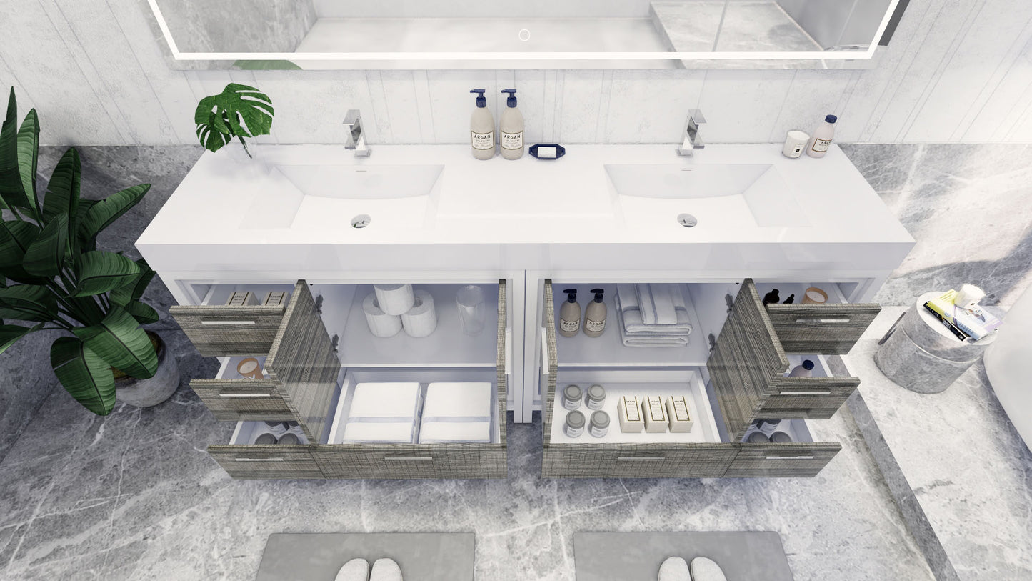 Azure 84" High Gloss Ash Gray Freestanding Vanity with Reinforced Acrylic Sinks