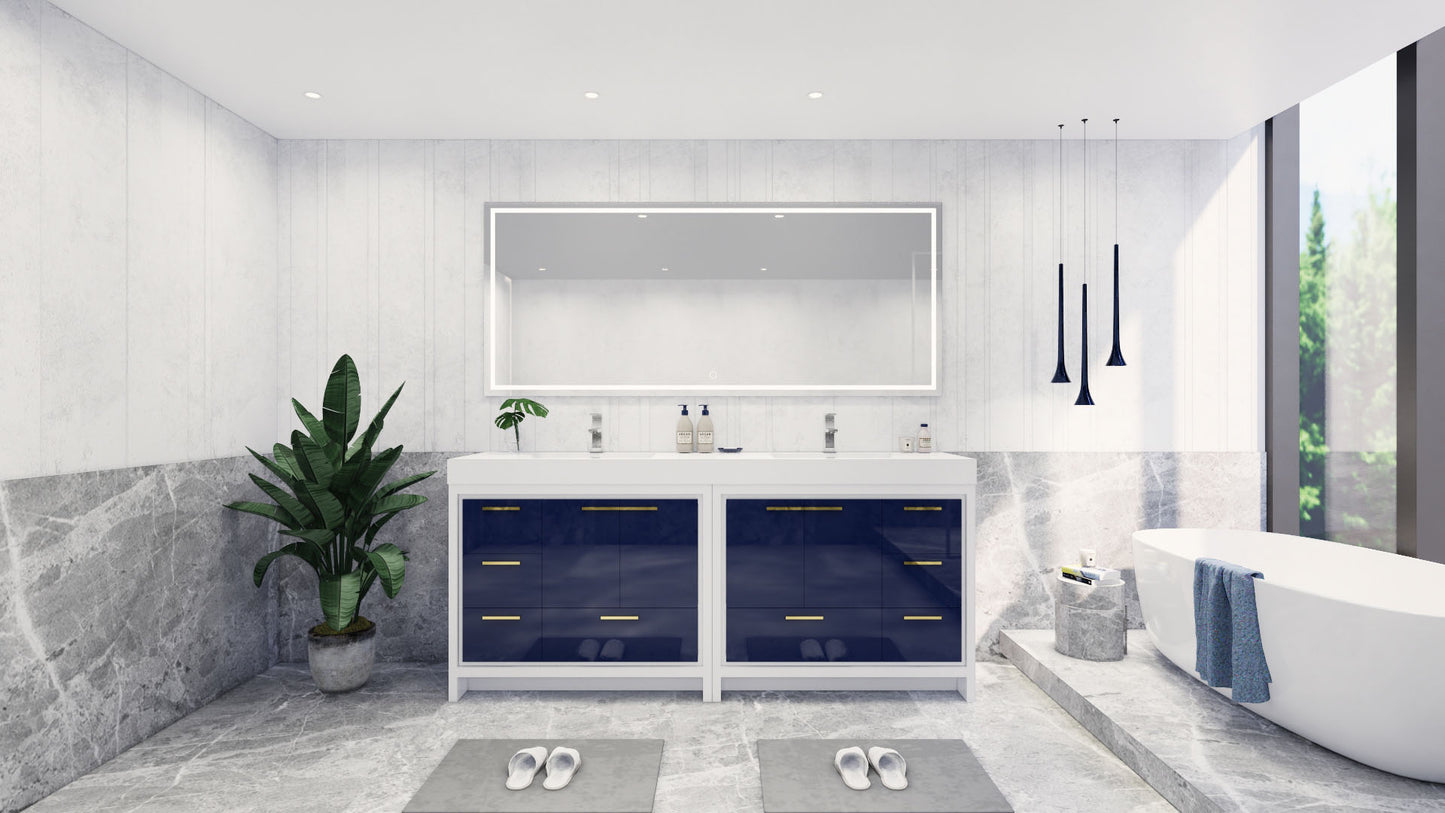 Azure 84" High Gloss Night Blue Freestanding Vanity with Reinforced Acrylic Sinks