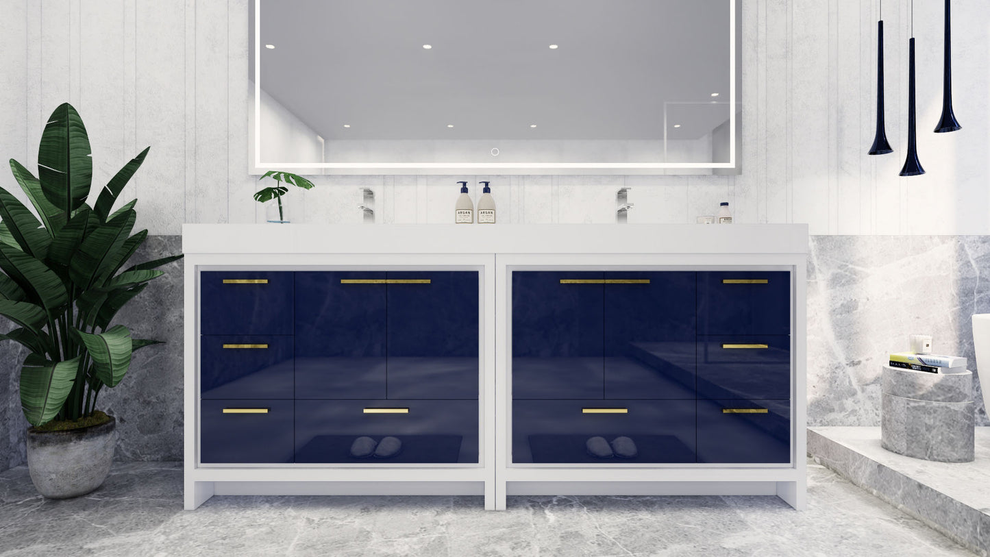 Azure 84" High Gloss Night Blue Freestanding Vanity with Reinforced Acrylic Sinks