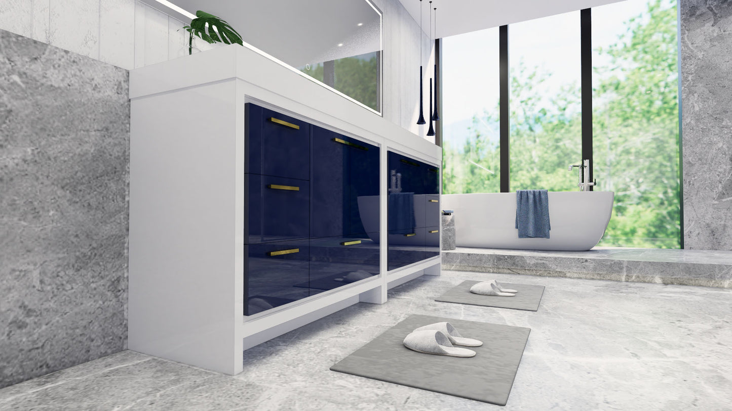 Azure 84" High Gloss Night Blue Freestanding Vanity with Reinforced Acrylic Sinks