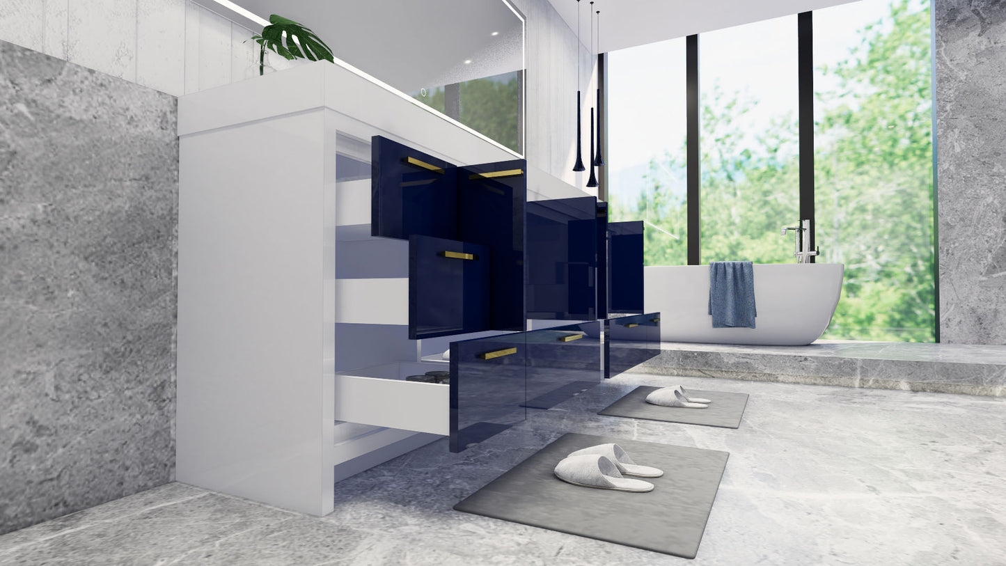 Azure 84" High Gloss Night Blue Freestanding Vanity with Reinforced Acrylic Sinks