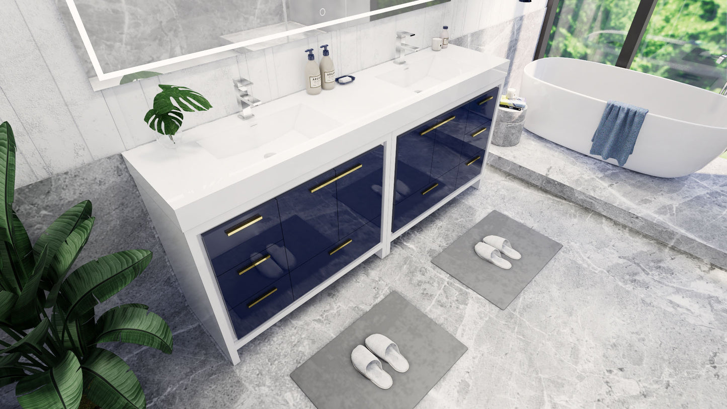 Azure 84" High Gloss Night Blue Freestanding Vanity with Reinforced Acrylic Sinks