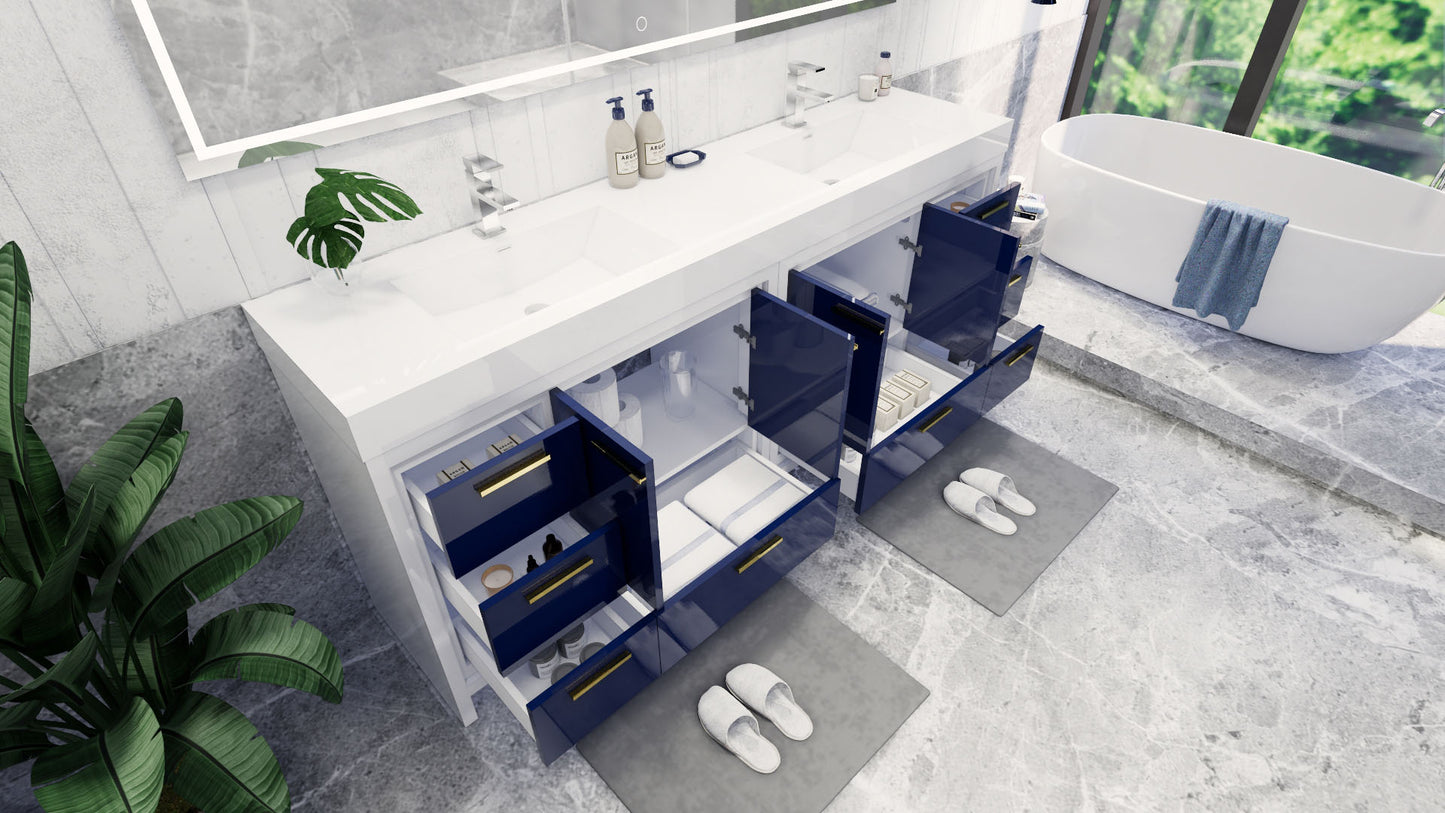 Azure 84" High Gloss Night Blue Freestanding Vanity with Reinforced Acrylic Sinks
