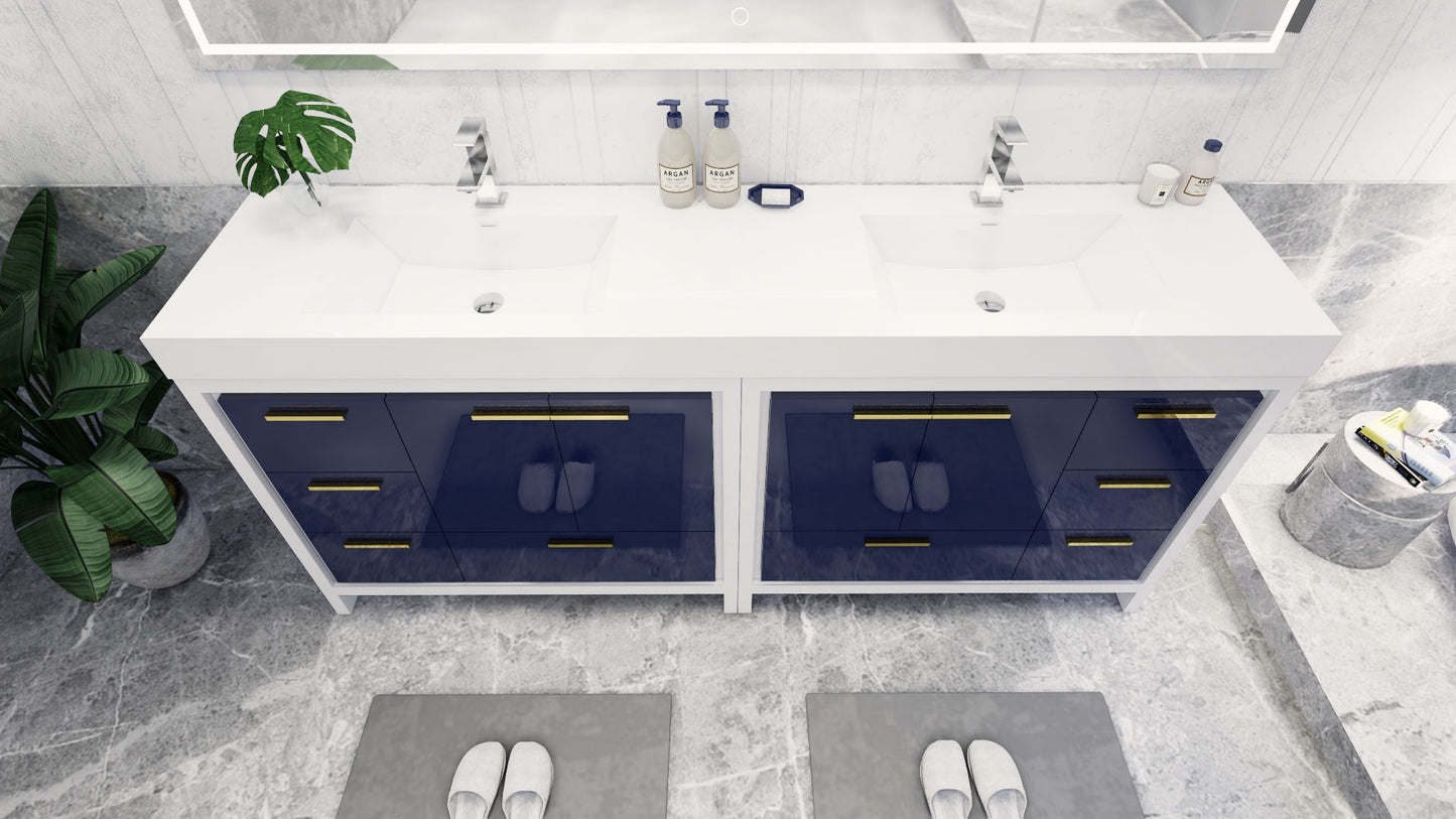 Azure 84" High Gloss Night Blue Freestanding Vanity with Reinforced Acrylic Sinks
