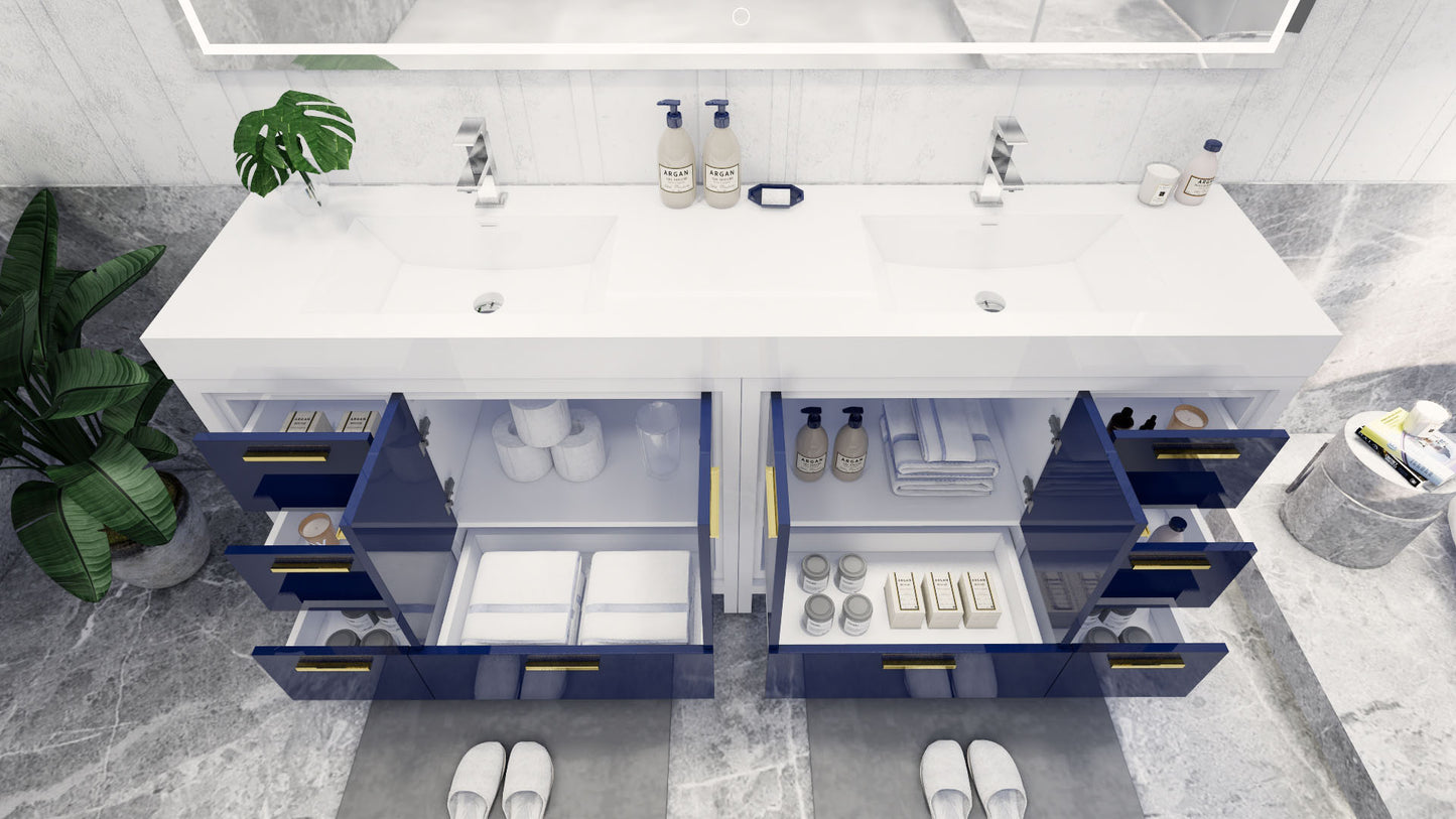 Azure 84" High Gloss Night Blue Freestanding Vanity with Reinforced Acrylic Sinks