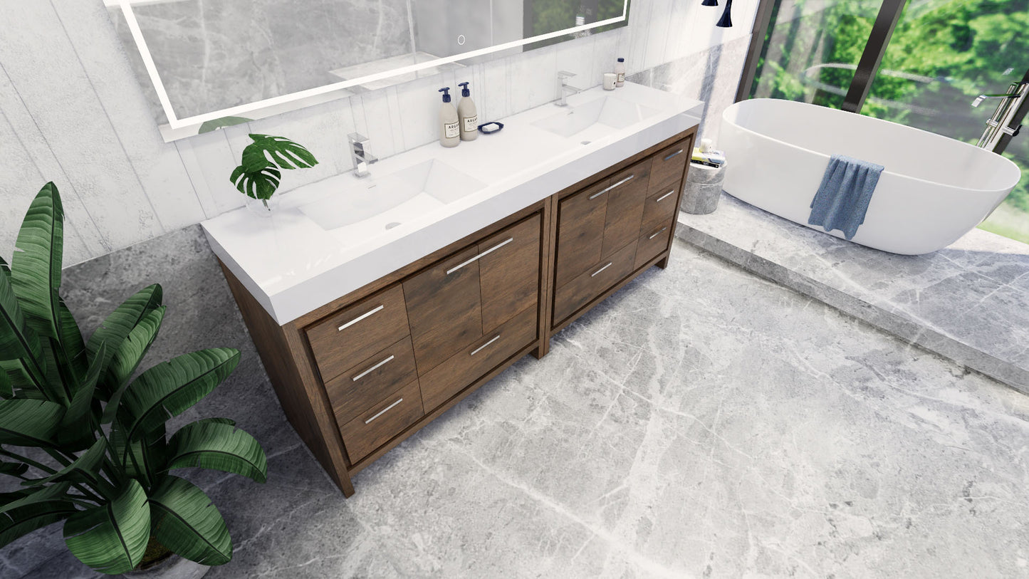 Azure 84" Rosewood Freestanding Vanity with Reinforced Acrylic Sinks