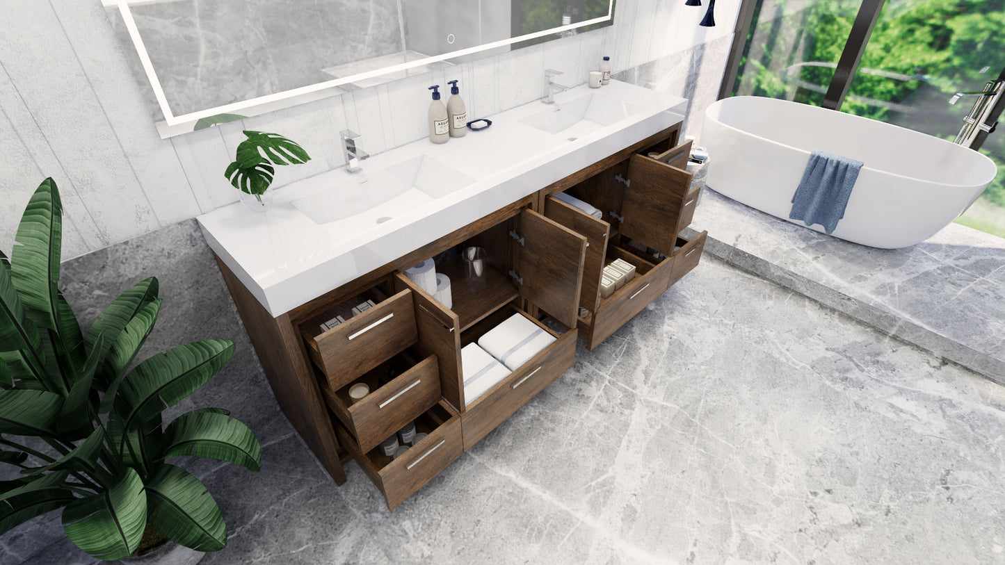 Azure 84" Rosewood Freestanding Vanity with Reinforced Acrylic Sinks