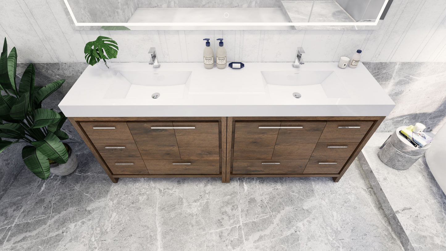 Azure 84" Rosewood Freestanding Vanity with Reinforced Acrylic Sinks