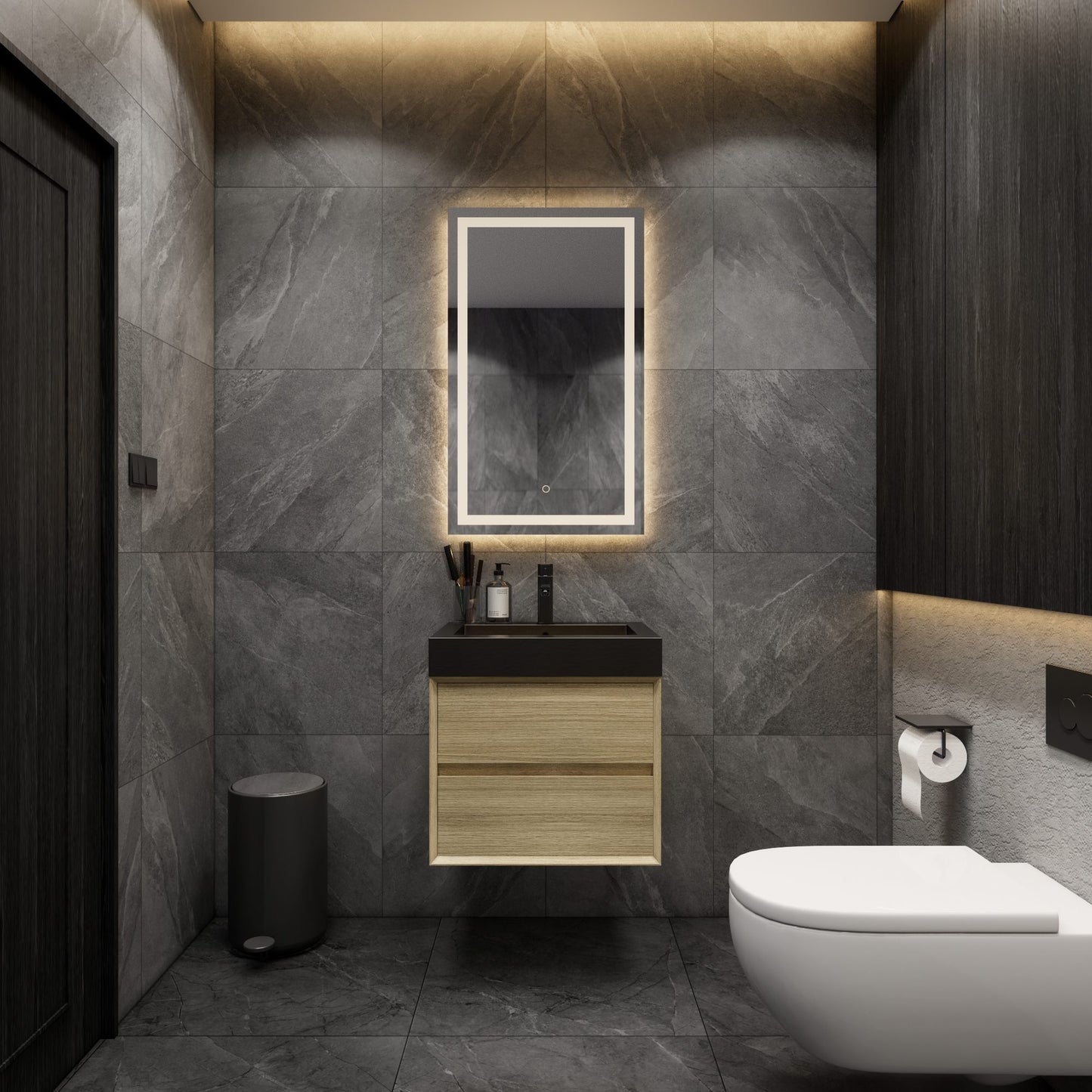 Max 24" Teak Oak Floating Wall-Mounted Bathroom Vanity Sink with Max Black Stainless Steel Sink | Better Vanity Modern Minimal Luxury Bathroom Vanities | Los Angeles, CA USA